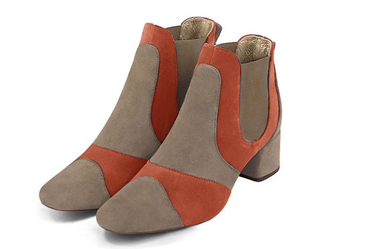 Tan beige, terracotta orange and taupe brown women's ankle boots, with elastics. Round toe. Low flare heels. Front view - Florence KOOIJMAN